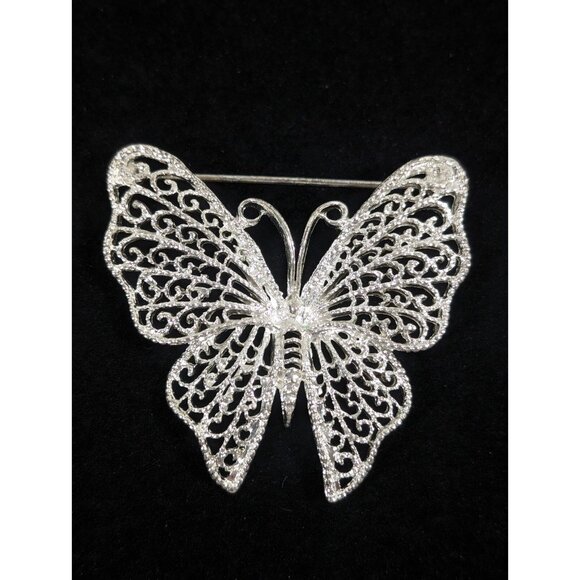 Vintage M Jent Butterfly Pin Silver Tone Open Metal Work Brooch - Picture 3 of 8
